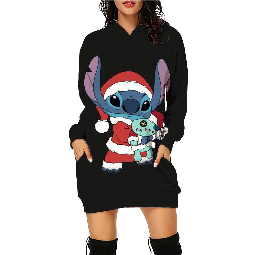 Christmas Disney Brand Stitch Cartoon Long Hoodie Autumn New Mini Sexy Long Sleeved Dress Korean Fashion Elegant Ladies Party