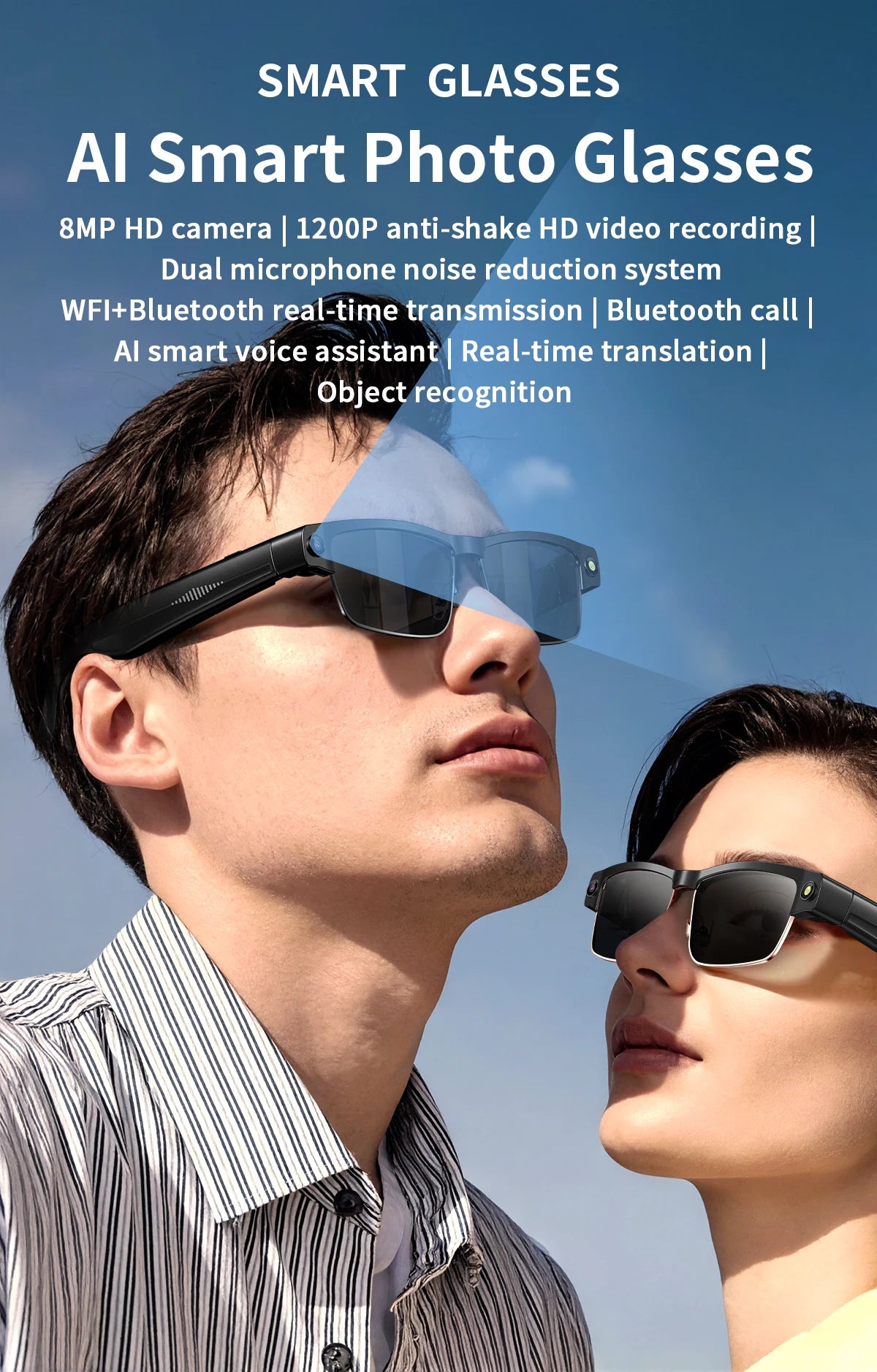 2026 Smart Glasses 800W HD Camera Anti Shake Video Recording Music AI Object Recognition WIFI Transmission BT Call Smart Glasses