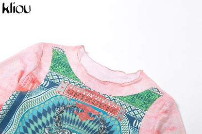 Kliou Mesh Dollar Print Classic T-Shirt Women Casual Aesthetic O-neck Long Sleeve Skinny Tops Hipster Female Gorgeous Attirewear