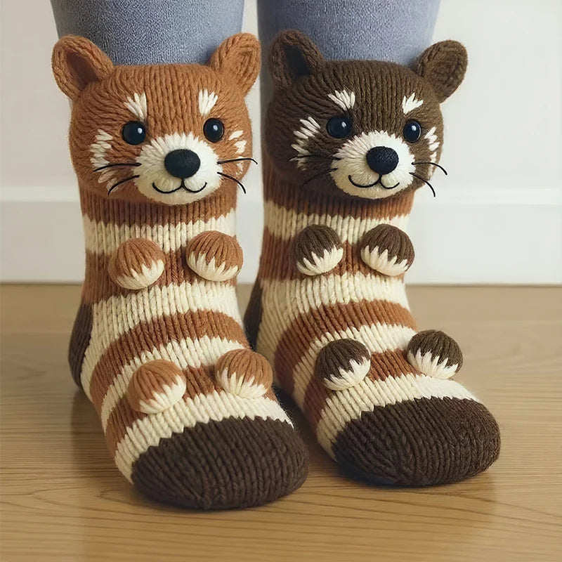 3D Knit Animal Socks Cute Floor Socks Hand Crocheted Double Layer Warm Sock with Cute Rabbit Panda Animals Christmas Gifts