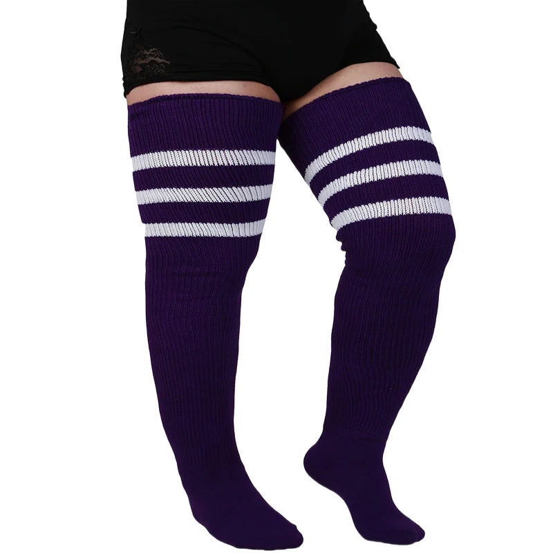 Women's Striped Plus Size Thick Thigh-High Socks Collection Big Girls Acrylic Yarn Stretch Colorful Streaks Leg Warmer Socks