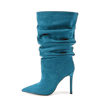 2025Women's Autumn and Winter New Pleated High-heeled Short Boots with Pointed Sleeves, Women's 35-47 Large Mid Length Boots