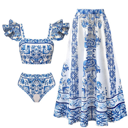2026 New Sexy Ruffle Bikini Set Printed Brazilian Biquini Women Swimwear Skirt Bathing Suit Girls Summer Beachwear Dress