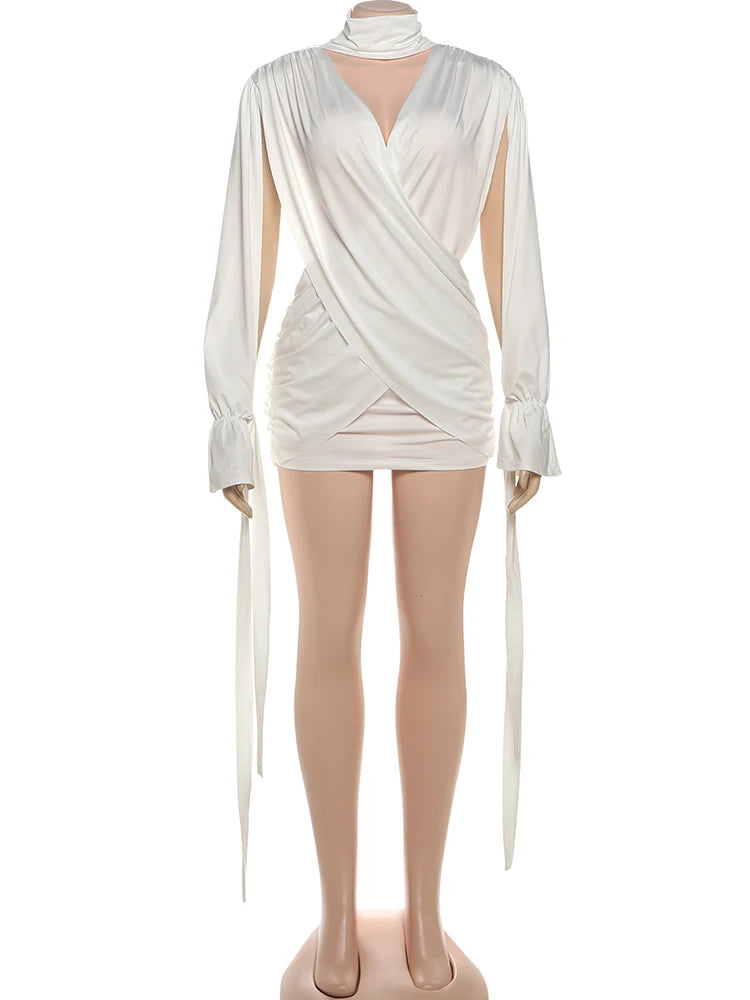 Sisterlinda Cross Waistless Dress Women Y2K High Neck Bandage Tassel Slit Long Sleeve Backless Folds Sexy Midnight Party Bodycon