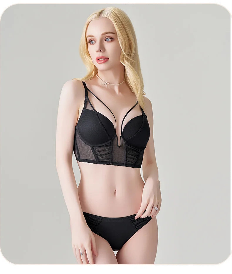 Hollow Out Lingerie Deep-V Neck Fishbone Underwear Push Up Women Sexy Lengthen Bra And Panty Sets Fashion Young Girls Intimates