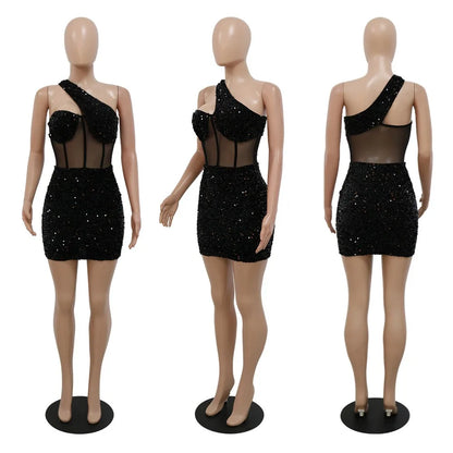 HLJ Fashion Sequin Splicing Hollow One Shoulder Party Club Mini Dresses Women Sleeveless Backless Slim Vestidos Sexy Clothing