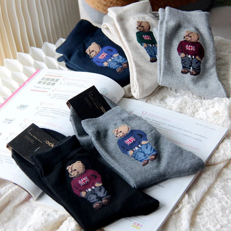 Polo Socks Men Gentleman Cotton Socks Bear Cartoon Bussiness Harajuku Skateboard Novelty Breathable Sox Designer Socks Size46-39