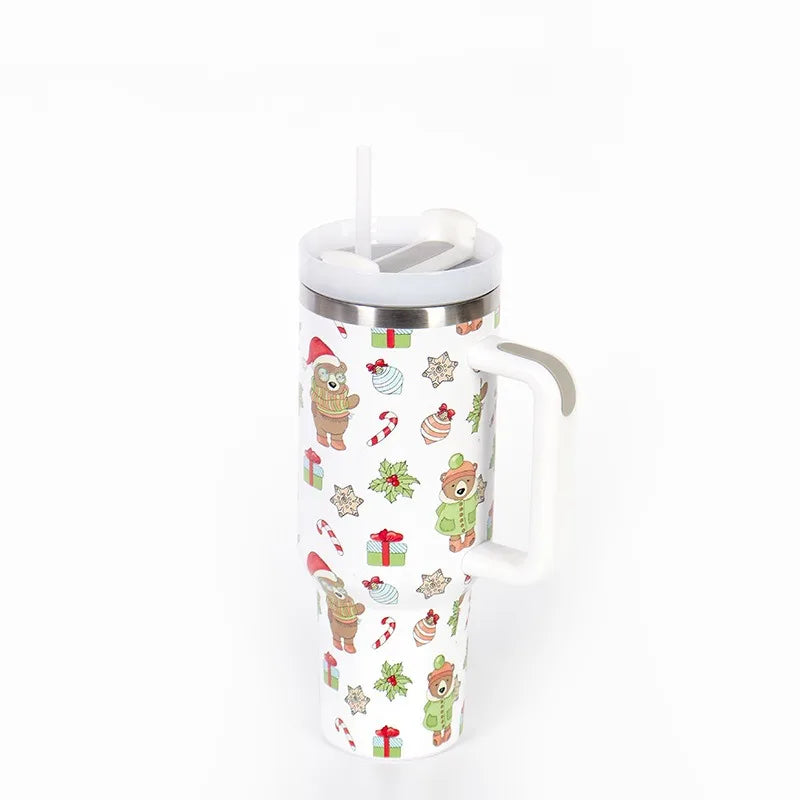 40oz Thermos Bottles Stainless Steel Christmas Series Insulated Water Bottle with Handle/straw Car Ice King Cup Christmas Gift