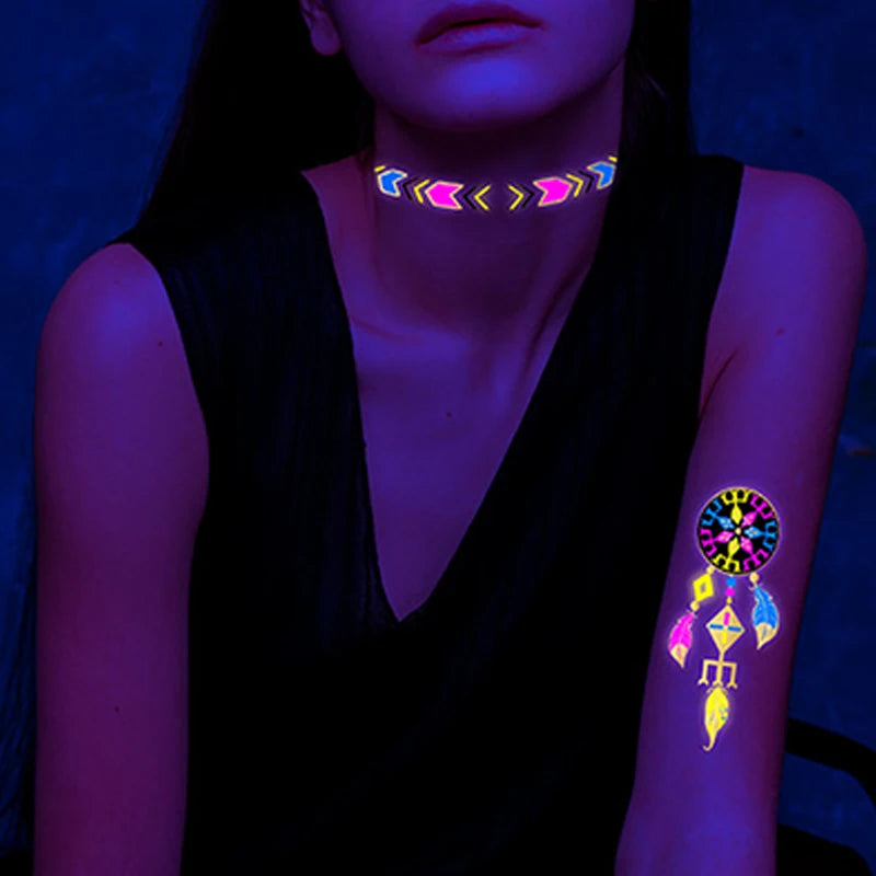 Luminous Temporary Tattoos Stickers Fluorescent Neon In Dark Illuminate Tattoo Elephant/Love Heart Shoulder Tattoo Party Sticker