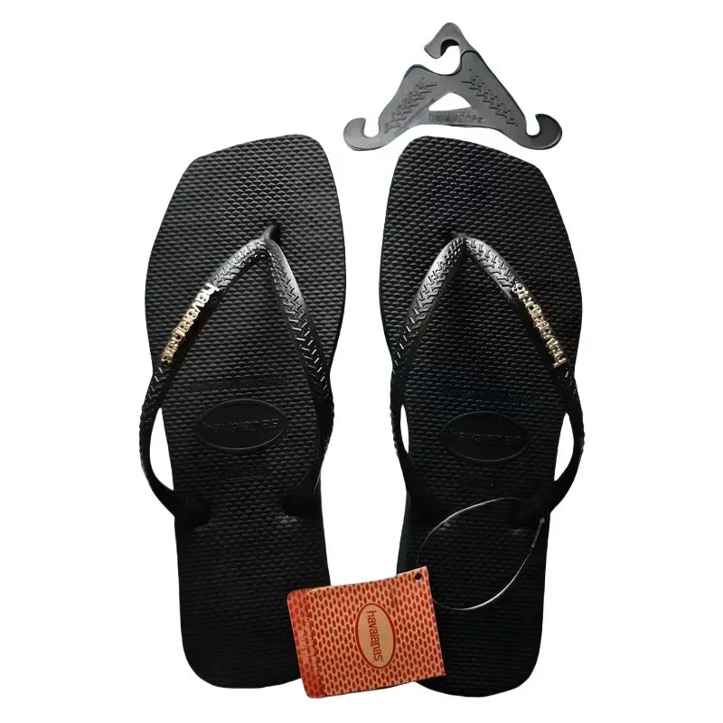 2025 Summer New Women's Square Toe Rubber Flip Flops Luxury Casual Outdoor Beach Sandals Size 35-42 Women's Shoes