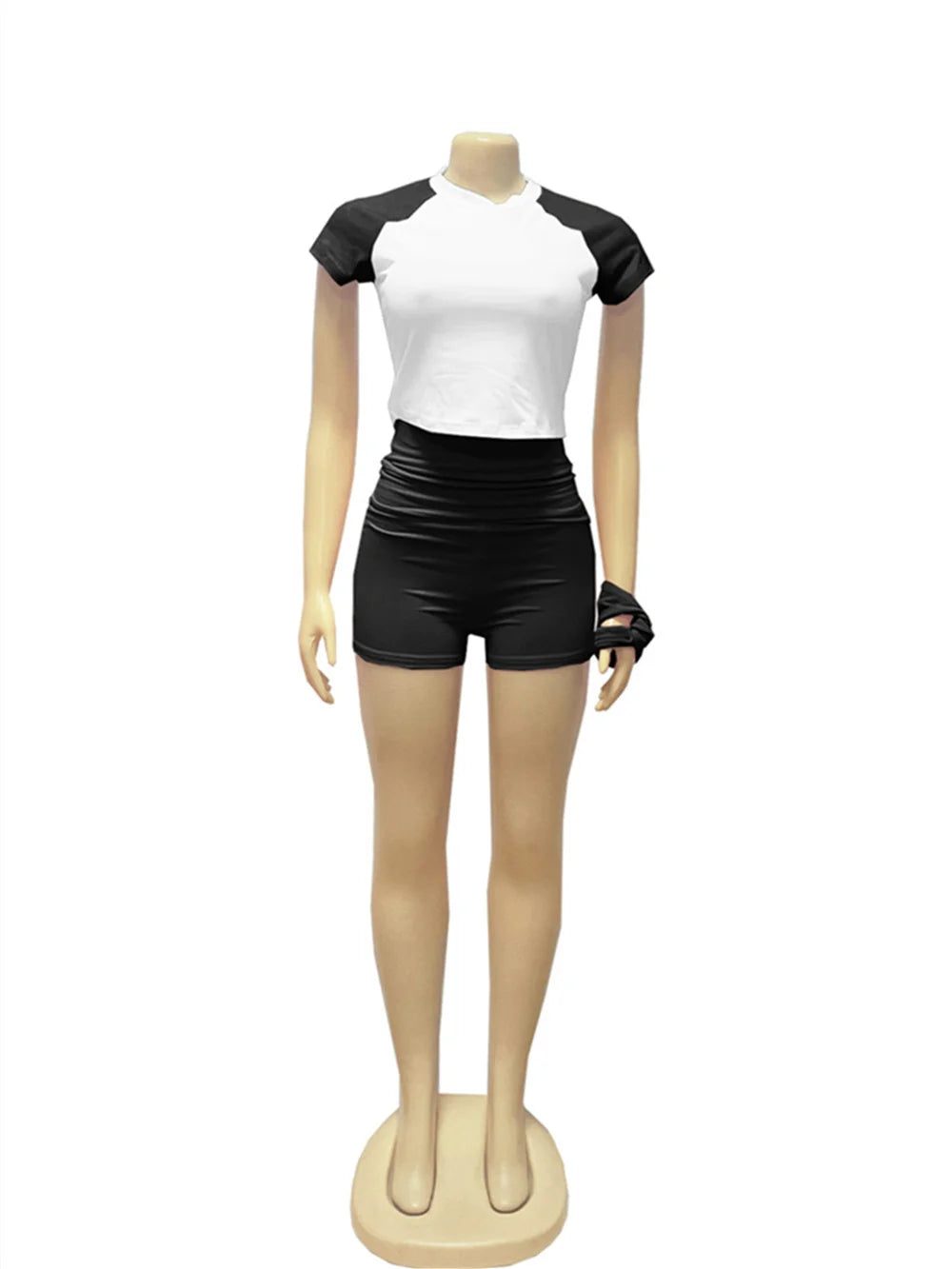 Weird  Puss Sporty Patchwork 3 Piece Set Women Casual Summer Headband+Crop Top+High Waist Bike Shorts Street Matching Tracksuit