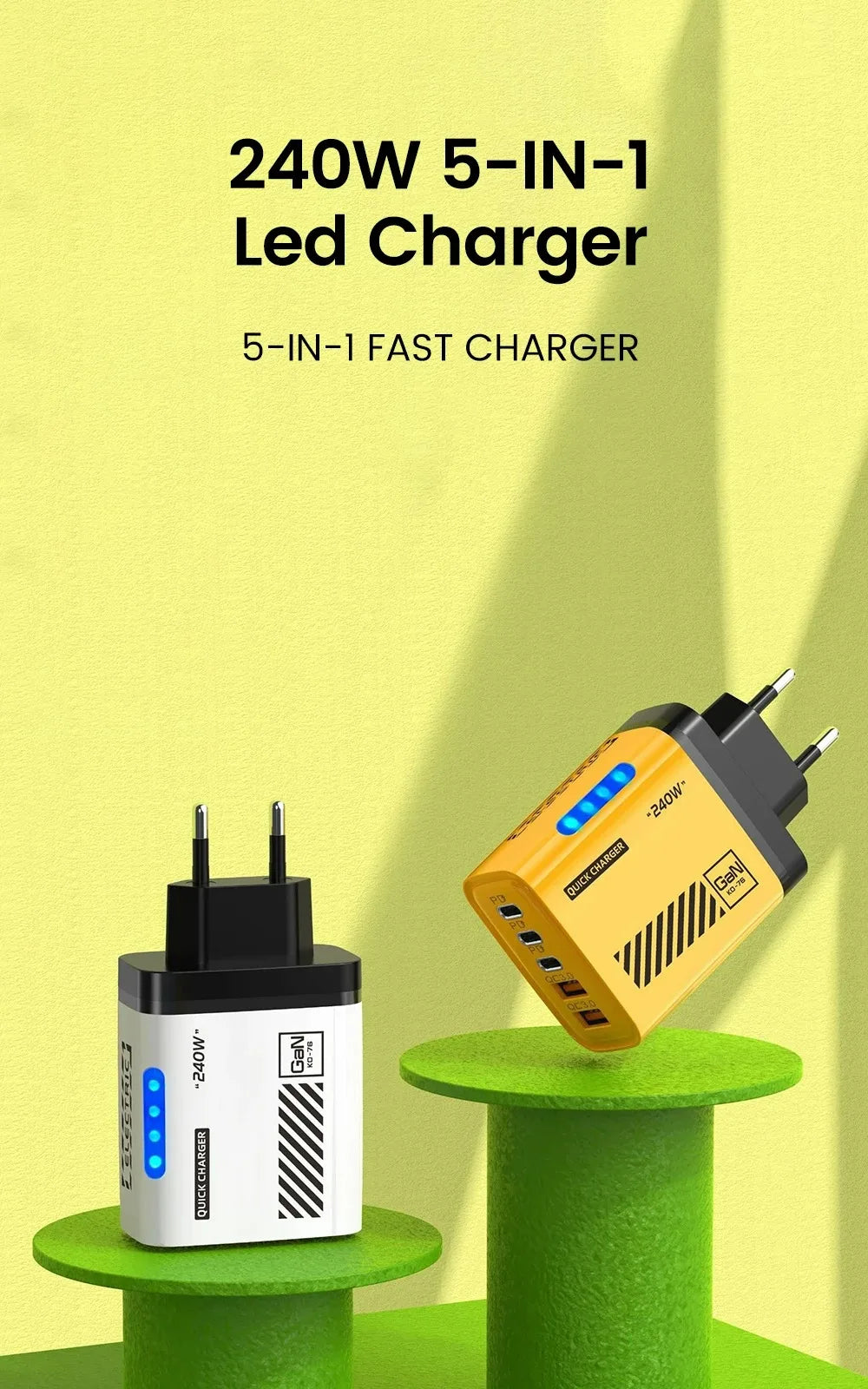 240W GaN Fast Charger 5 Ports 3USB C 2USB QC3.0 Quick Charge Plug Travel Wall Charger for iPhone Samsung Xiaomi Tablet EU/US/UK