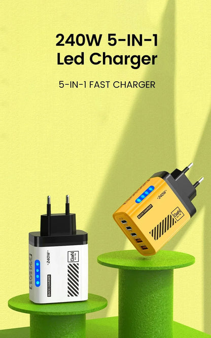 240W GaN Fast Charger 5 Ports 3USB C 2USB QC3.0 Quick Charge Plug Travel Wall Charger for iPhone Samsung Xiaomi Tablet EU/US/UK