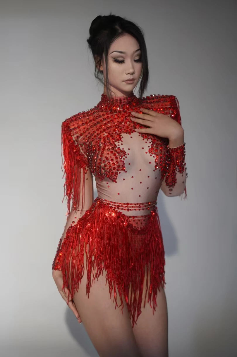 Sexy Skinny Leotard Singer Dancer Show StageWear Sparkly Blue Rhinestones Women DanceCostume Fringes One Shoulder Bodysuit  7G