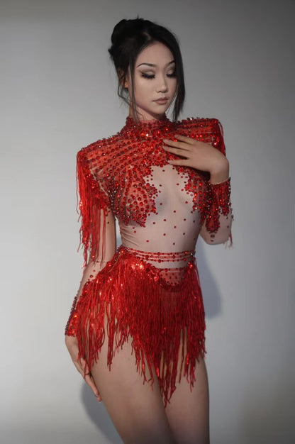 Sexy Skinny Leotard Singer Dancer Show StageWear Sparkly Blue Rhinestones Women DanceCostume Fringes One Shoulder Bodysuit  7G
