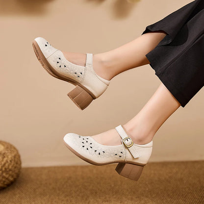 DIMANYU Women Floral Hollow Mary Jane Shoes Genuine Leather Mid Heel Summer Comfort Mother Shoes Ladies Dress Sandals