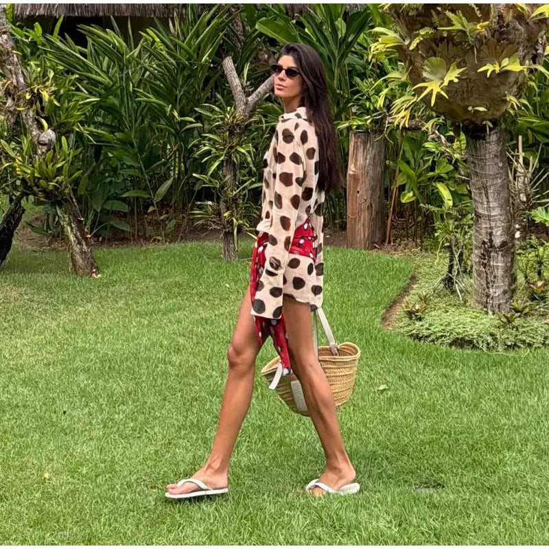 2026 Women Chic Vacation Outfits Fashion Leopard Print Sheer Chiffon Shirt Casual Turn-down Collar Mini Dress & Detachable Scarf