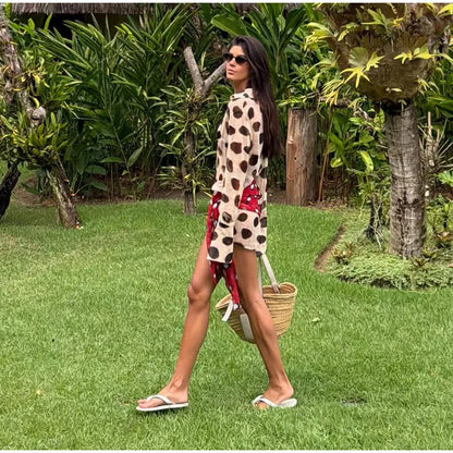 2026 Women Chic Vacation Outfits Fashion Leopard Print Sheer Chiffon Shirt Casual Turn-down Collar Mini Dress & Detachable Scarf