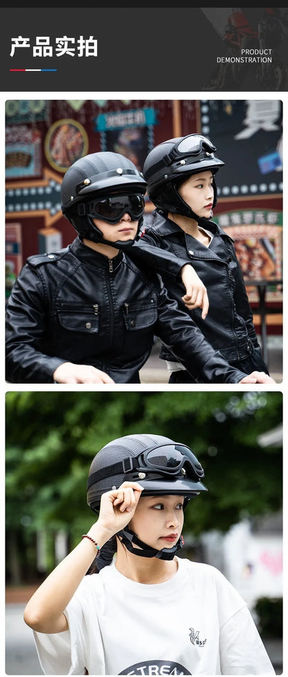 Retro Leather Half Helmet with Ear & Neck Protection - All-Season Cycling Safety Helmet