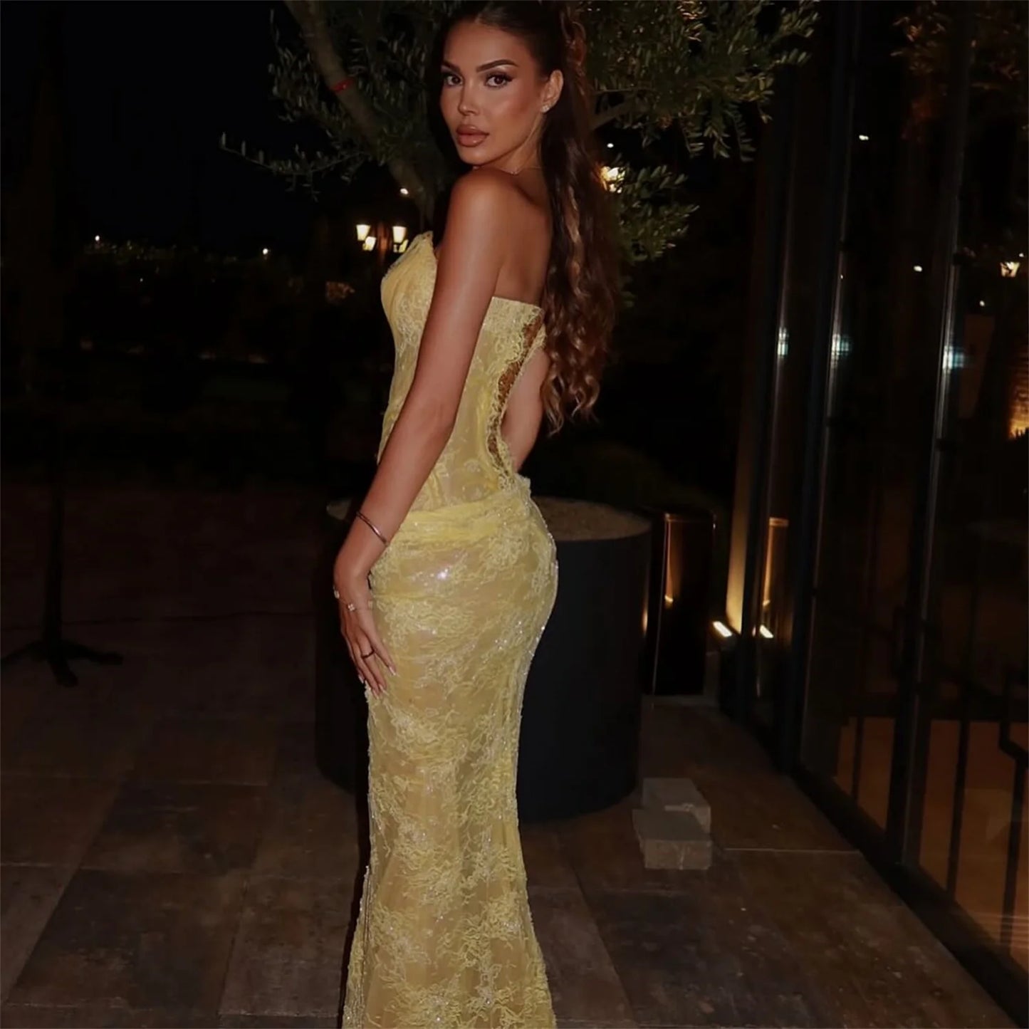 EDECPBM Lace Evening Dresses فساتين سهرة Vestidos De Festa Customized Yellow Mermaid Beautiful Prom Dresses Store Sexy 2025