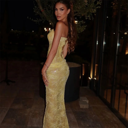 EDECPBM Lace Evening Dresses فساتين سهرة Vestidos De Festa Customized Yellow Mermaid Beautiful Prom Dresses Store Sexy 2025