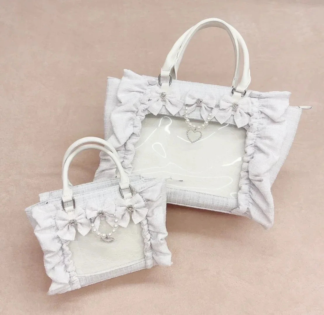 Sweet Y2k Aesthetic Transparent Bow Ita Bag Casual Chic Ruffle Fashion Women's Handbags All Match Kawaii Shoulder Crossbody Bags