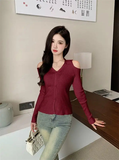 Women Clothing Autumn Fashion Simplicity All-match Screw Thread Knitting Female Solid Color V-neck Slim Sweater Pullovers Tops