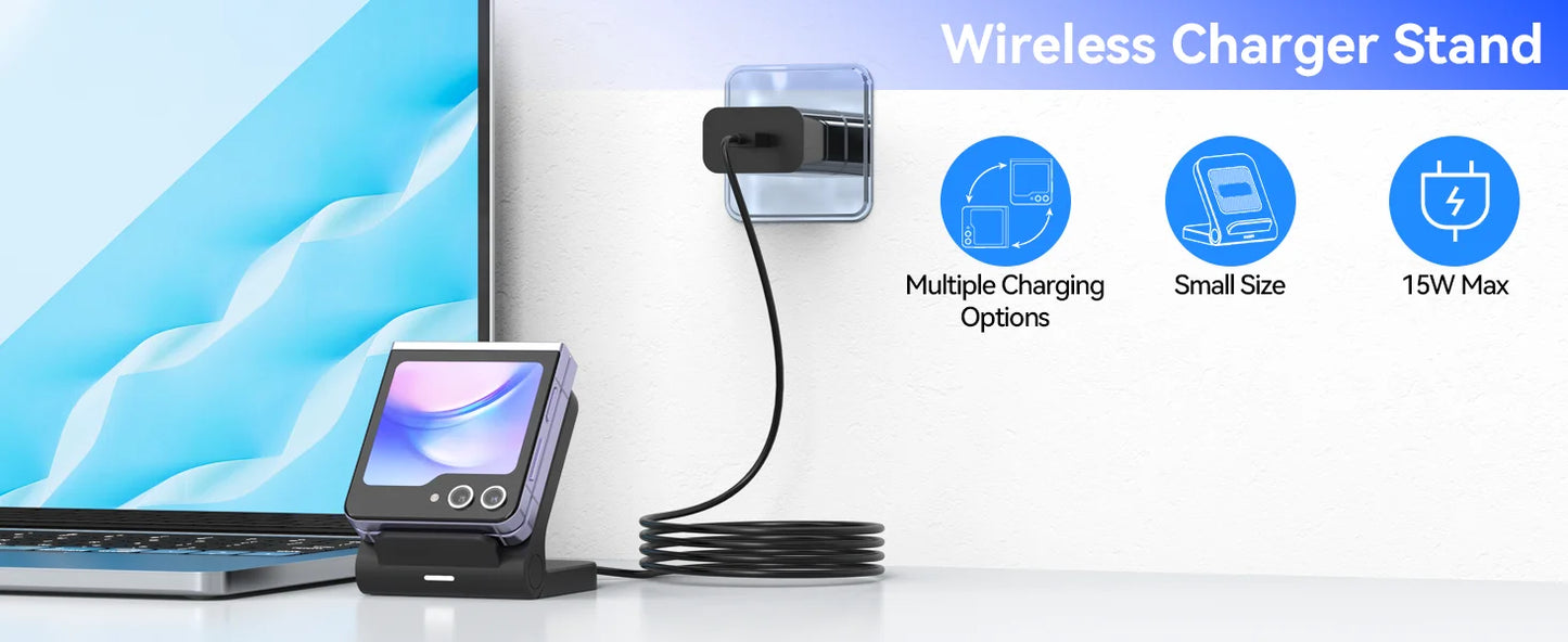 Wireless Charger for Samsung Galaxy Z Flip, 15W Fast Wireless Charging Stand, Compatible with Z Flip 7/6/5/4, for Motorola Razr/Razr+/Razr Ultra 2025, Non-Fold