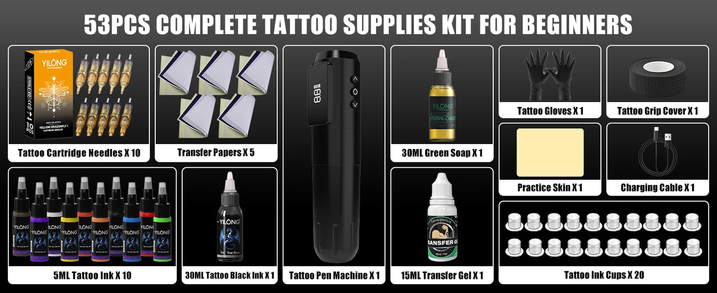 YILONG Wireless Tattoo Machine Or CompleteTattoo Pen Gun Kit With 1600MAH Power and LED Screen Rotary Tattoo Machine Pen Set