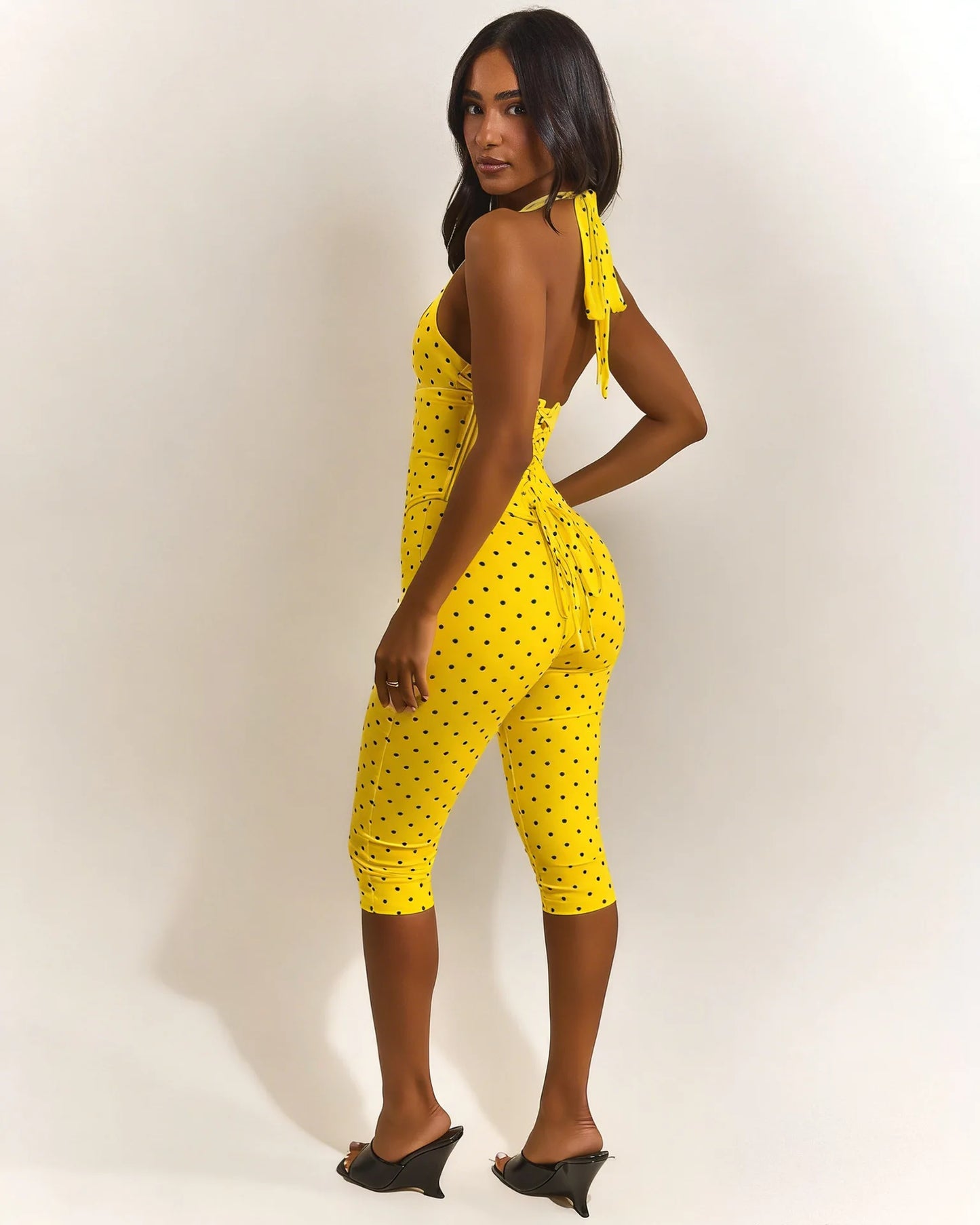 FAGADOER Sexy Polka Dot Print Bodycon Jumpsuits Woman Halter Deep V-neck Backless Rompers Female Streetwear Overalls 2026 New