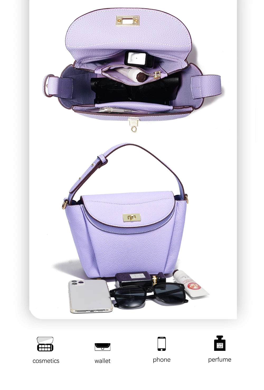 Zency Luxury Genuine Leather Tote Bag For Women Elegant High End Bag Shoulder Crossbody Handbag Top Handle Bags Noble Purple Bag