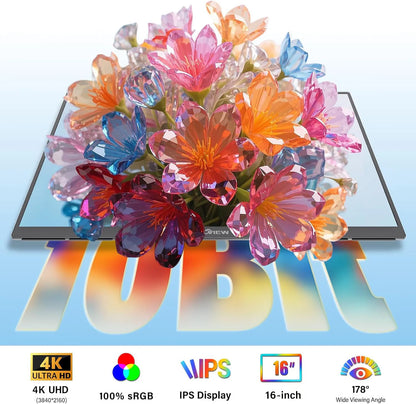 16" 4K Portable Monitor 3840x2400 16:10 UHD 1500:1 Contrast 100% DCI-P3 , External Second Screen for Laptop PC Phone PS5 Gaming