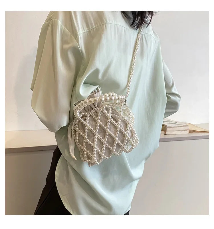 Women Pearl Bag Small Mini Tote Bucket Bag Woven Crossbody Hand Bags for Women Coin Purse Wallet Handbag Ladies Shoulder Bags