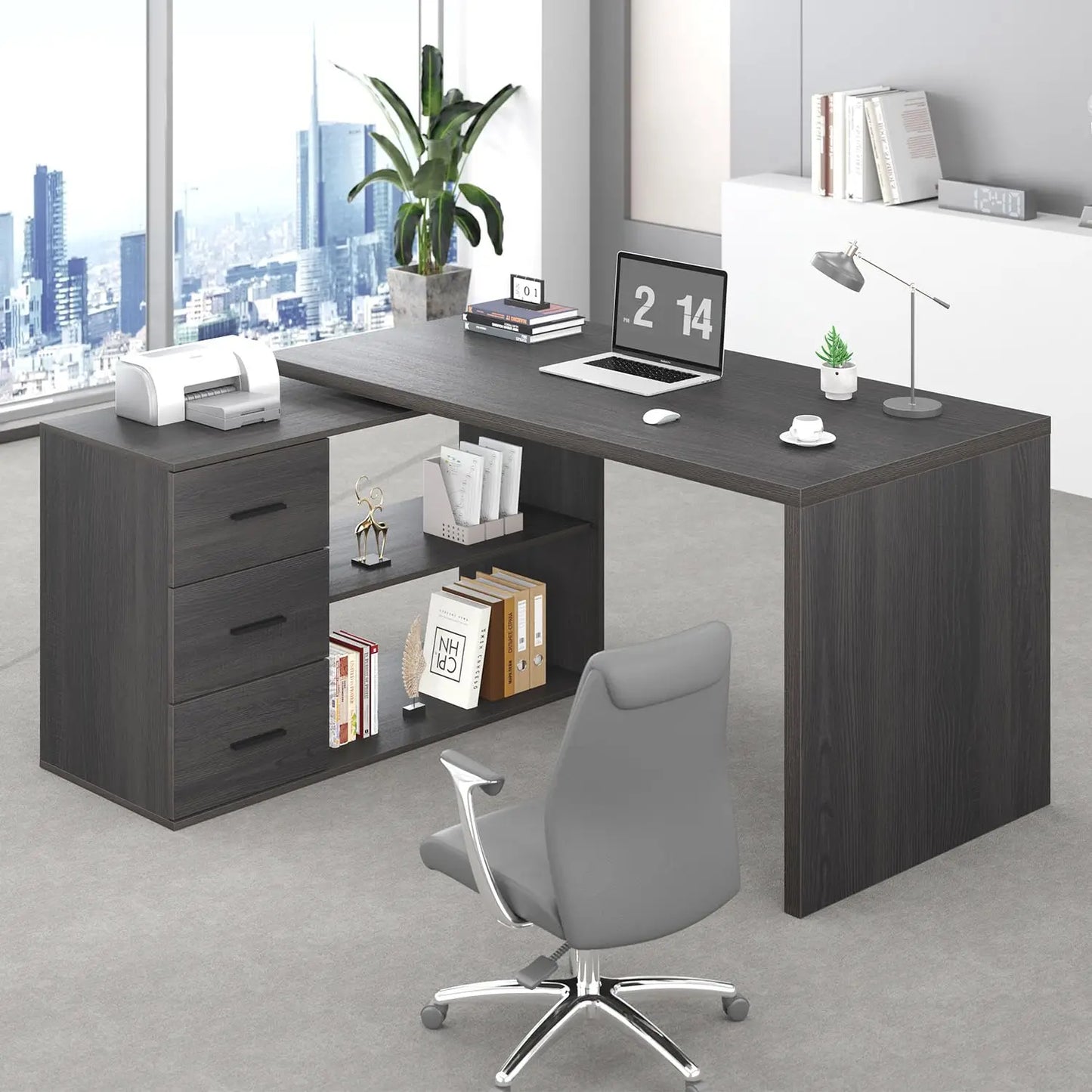 Black L Shaped Computer Desk with Drawers, L Shaped Home Office Desk with Storage Cabinet Shelves, Reversible, Customized