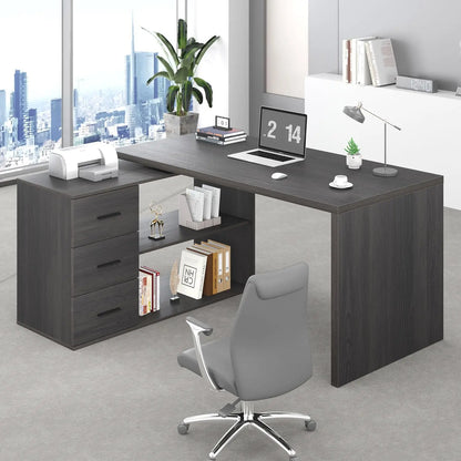 Black L Shaped Computer Desk with Drawers, L Shaped Home Office Desk with Storage Cabinet Shelves, Reversible, Customized