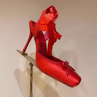 2026 Women Summer High Heeled Shoes for Woman's Square Toe Thin Heels Butterfly-Knot Pumps Sexy Ladies Ankle Strap Wedding Shoes