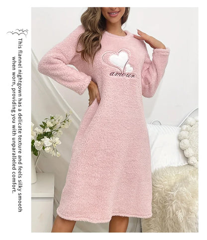 Women Nightgown Nightdress Winter Plush Sleepwear Dress Soft Comfort Long Sleeve Pajama Thicken Flannel Nightwear Home Clothing