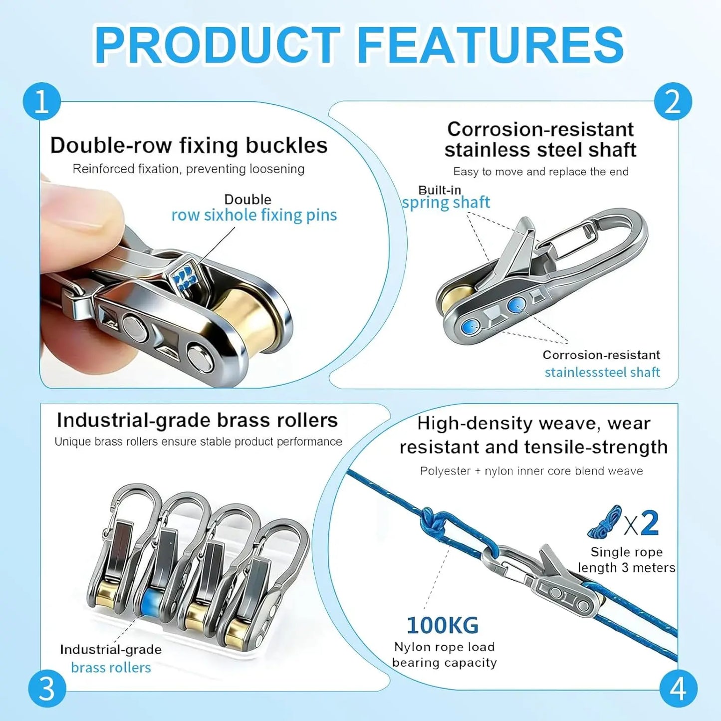 Heavy-duty rope lashing tools and tensioners, roller tensioners and adjustable buckles, with auxiliary ropes, ideal for camping
