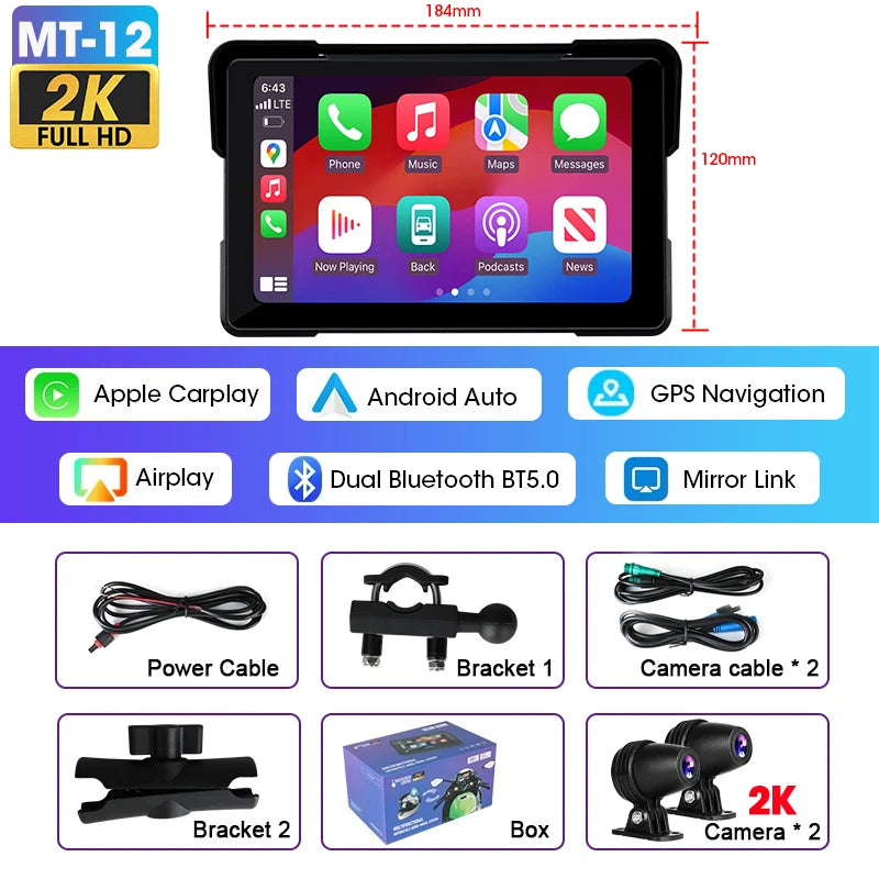 7 inch Portable Motorcycle Navigation Support 2K Camera  IPX7 Waterproof LCD Display For Wireless CarPlay Android Auto