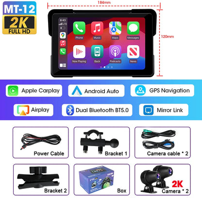 7 inch Portable Motorcycle Navigation Support 2K Camera  IPX7 Waterproof LCD Display For Wireless CarPlay Android Auto