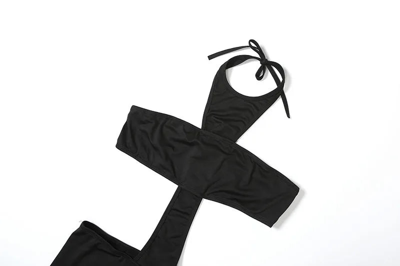 Women Sexy Black Cross Lace Up Halter Backless Skinny Jumpsuits Strapless Hollow Out Slim Night Club One Piece Overalls Rompers