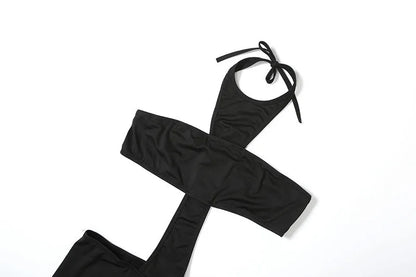 Women Sexy Black Cross Lace Up Halter Backless Skinny Jumpsuits Strapless Hollow Out Slim Night Club One Piece Overalls Rompers