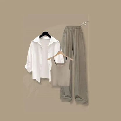 2026 Summer New Fashion Tracksuit Matching Set Women's Elegant White Sunscreen Shirt+Vest+Casual Wide Leg Pants 3-Piece Suit