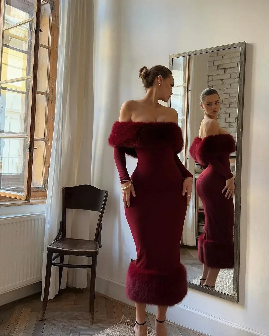 Faux Fur Patchwork Strapless Dress Women Sexy Off-shoulder Full Sleeve Cinched-waist Slim Long Gown Lady Christmas Party Dresses