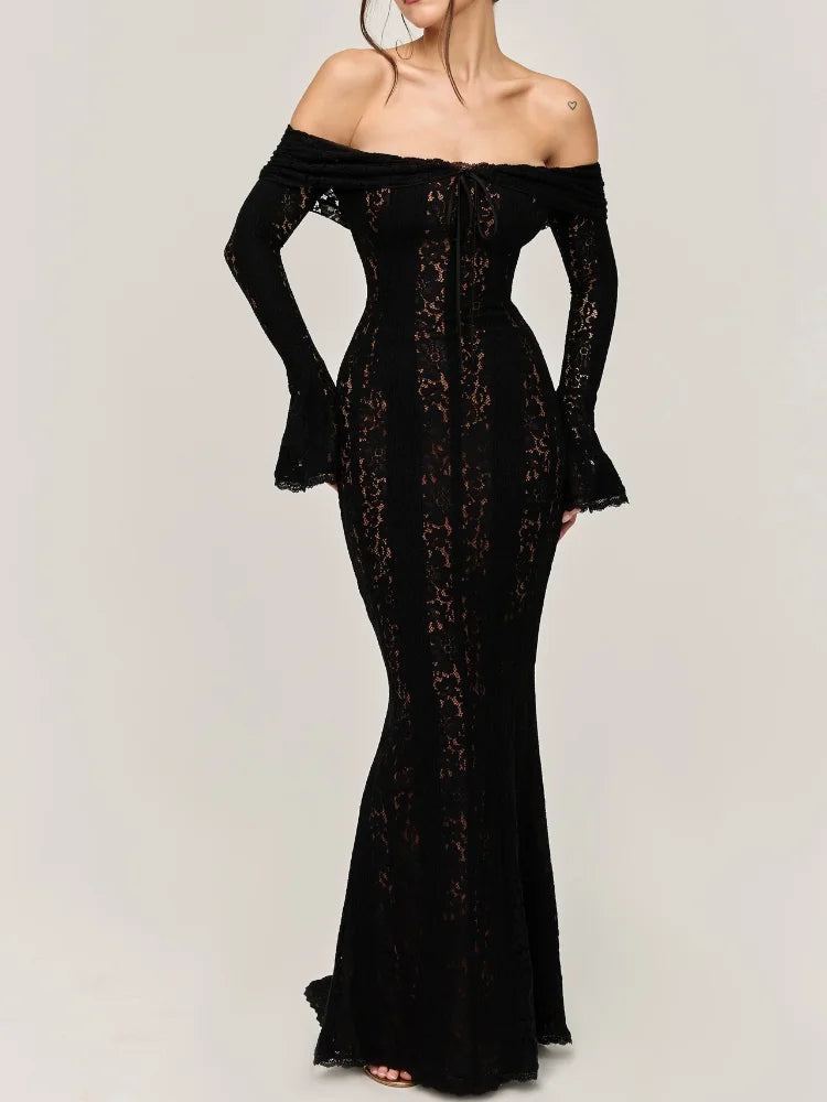 White Sexy Lace Flare Sleeve Dress Off Shoulder Slim Maxi Dresses Women 2024 Female Hollow Out Mermaid Floor Length Elegant Robe