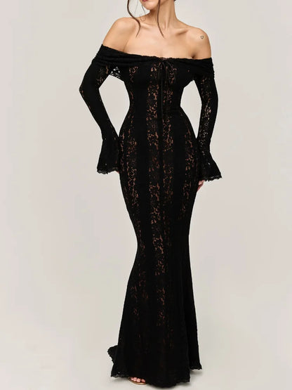White Sexy Lace Flare Sleeve Dress Off Shoulder Slim Maxi Dresses Women 2024 Female Hollow Out Mermaid Floor Length Elegant Robe