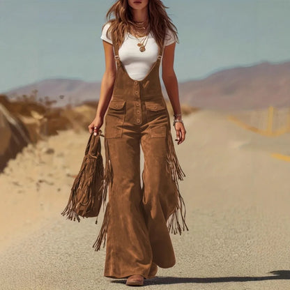 Spring Autumn New in Women's Personalized Retro Suede Tassel Wide Leg Pants Casual Loose Pocket Strap Work Pants Pants