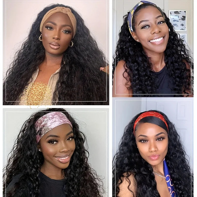 Human Hair 200% Density Headband Wig Human Hair Wigs Wear and Go Glueless Wig Curly Deep Wave Headband Wig Natural Color