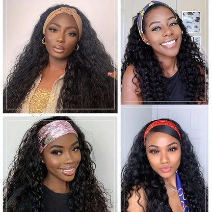 Human Hair 200% Density Headband Wig Human Hair Wigs Wear and Go Glueless Wig Curly Deep Wave Headband Wig Natural Color