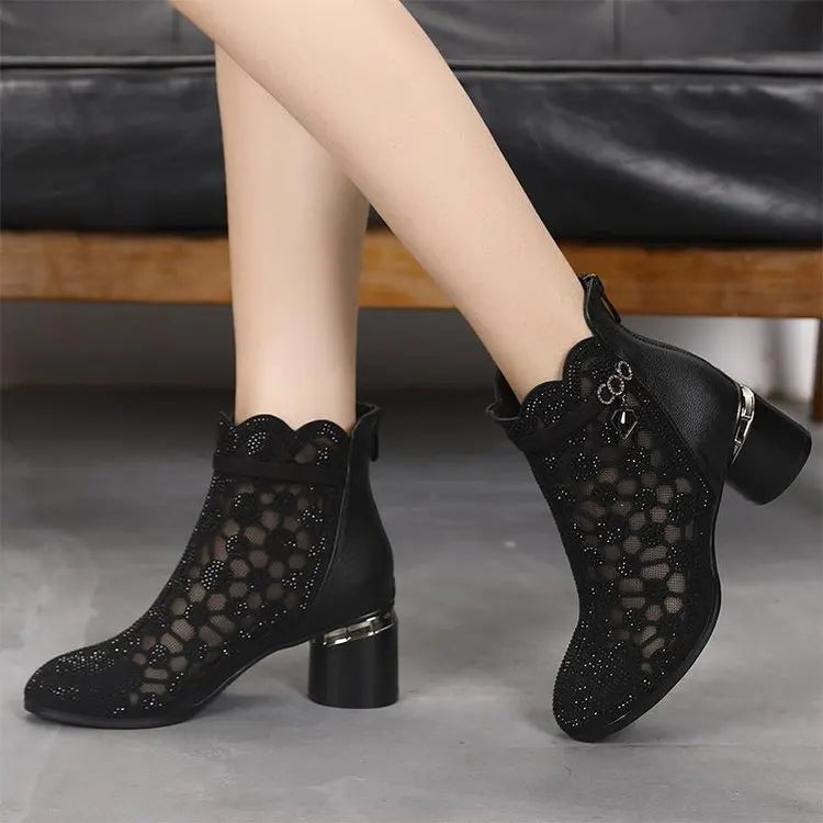 2026 Spring Summer Fashion Rhinestones Gauze Sandals Thick Heels Mesh Autumn Ankle Boots Female Hollow Women's Shoes